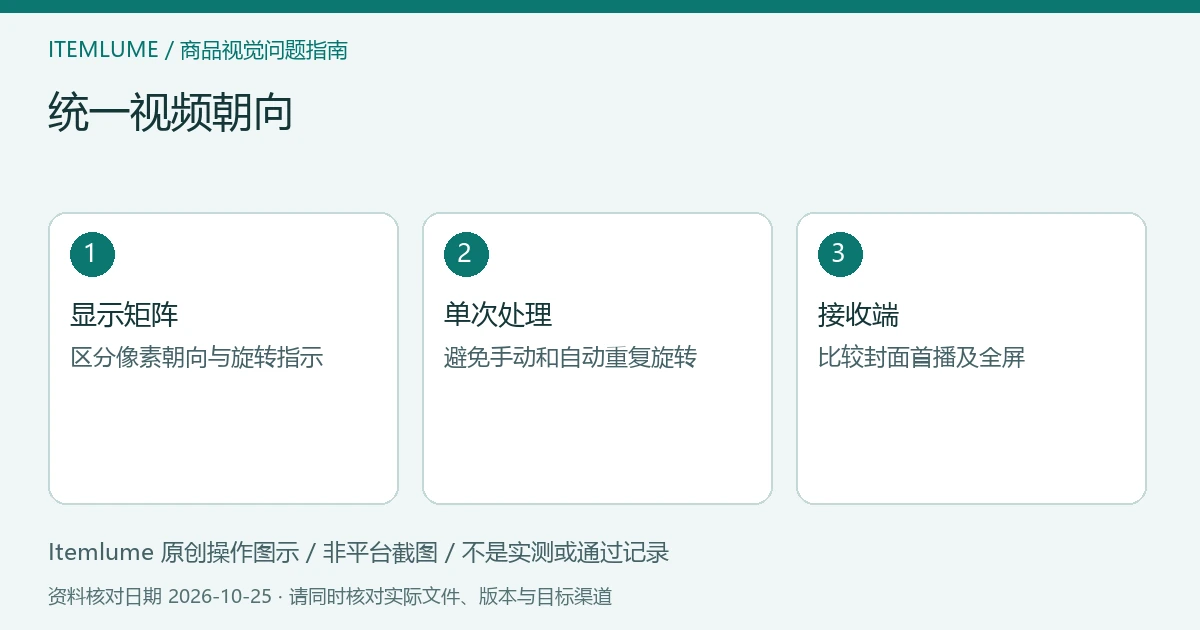商品视频交付检查示意：读取显示矩阵、避免重复旋转、复查真实版位