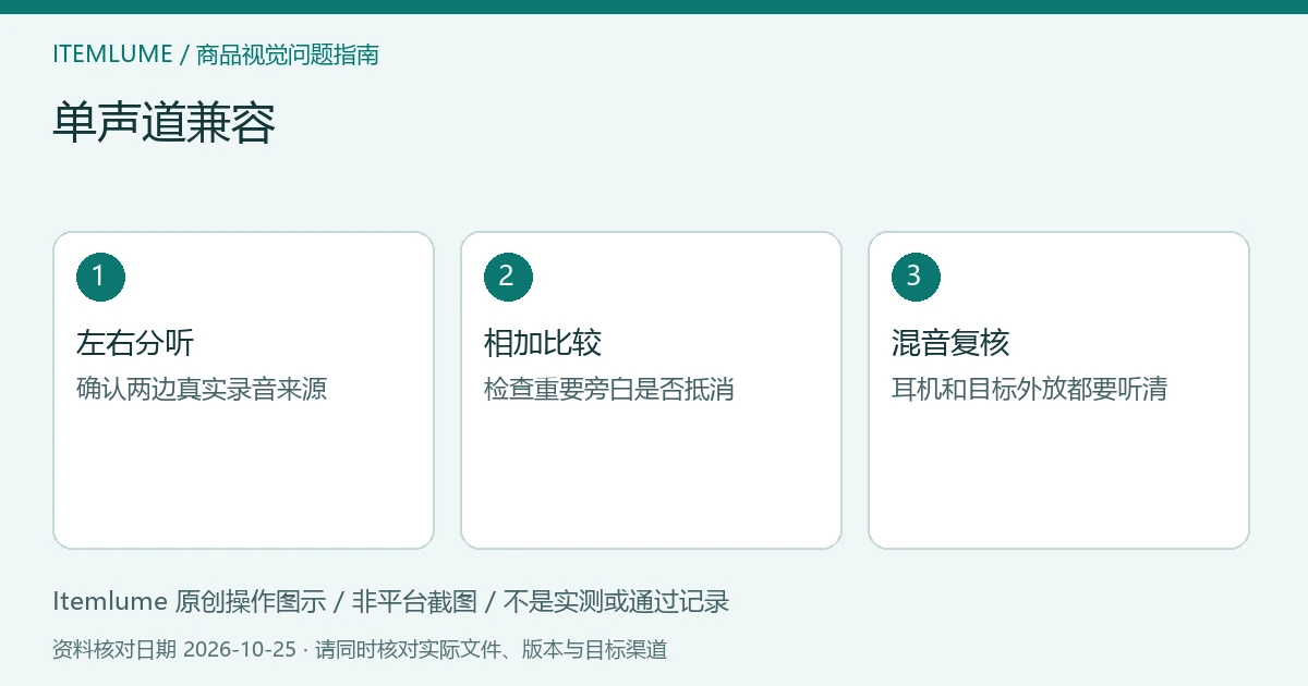 商品视频交付检查示意：分别听左右、检查单声道相加、复核最终混音