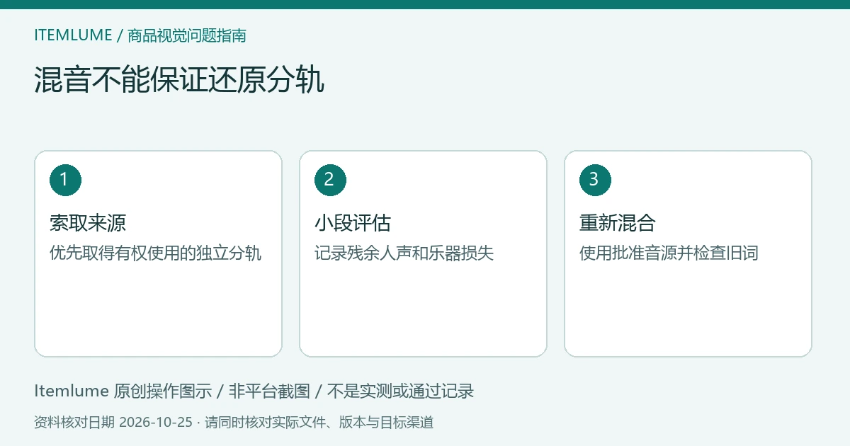 商品视频交付检查示意：索取来源、小段评估、重新混合
