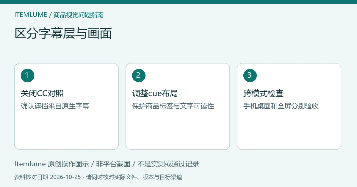 商品视频交付检查示意：关闭CC对照、调整cue布局、跨模式检查