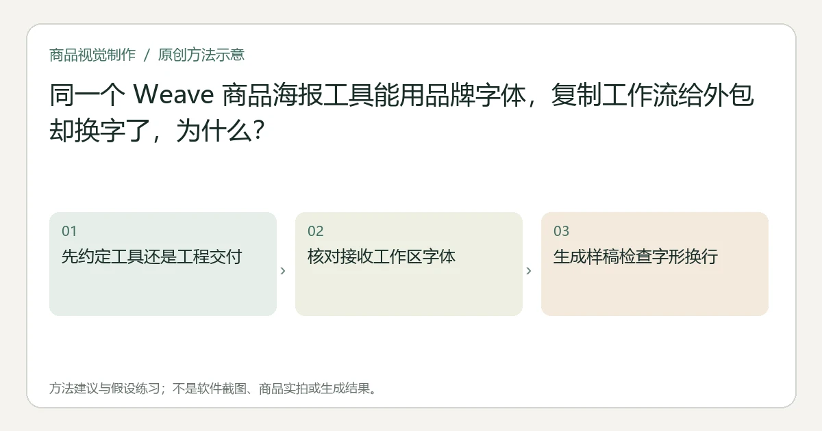 原创方法示意：先约定工具还是工程交付；核对接收工作区字体；生成样稿检查字形换行。非工具界面、商品实拍或测试结果。