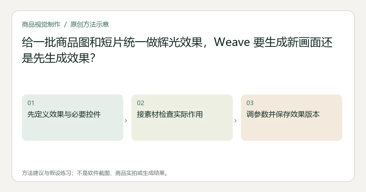 原创方法示意：先定义效果与必要控件；接素材检查实际作用；调参数并保存效果版本。非工具界面、商品实拍或测试结果。