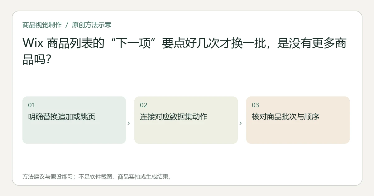 原创方法示意：明确替换追加或跳页；连接对应数据集动作；核对商品批次与顺序。非工具界面、商品实拍或测试结果。