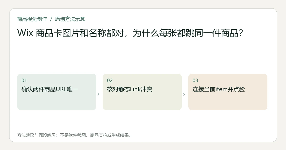 原创方法示意：确认两件商品URL唯一；核对静态Link冲突；连接当前item并点验。非工具界面、商品实拍或测试结果。