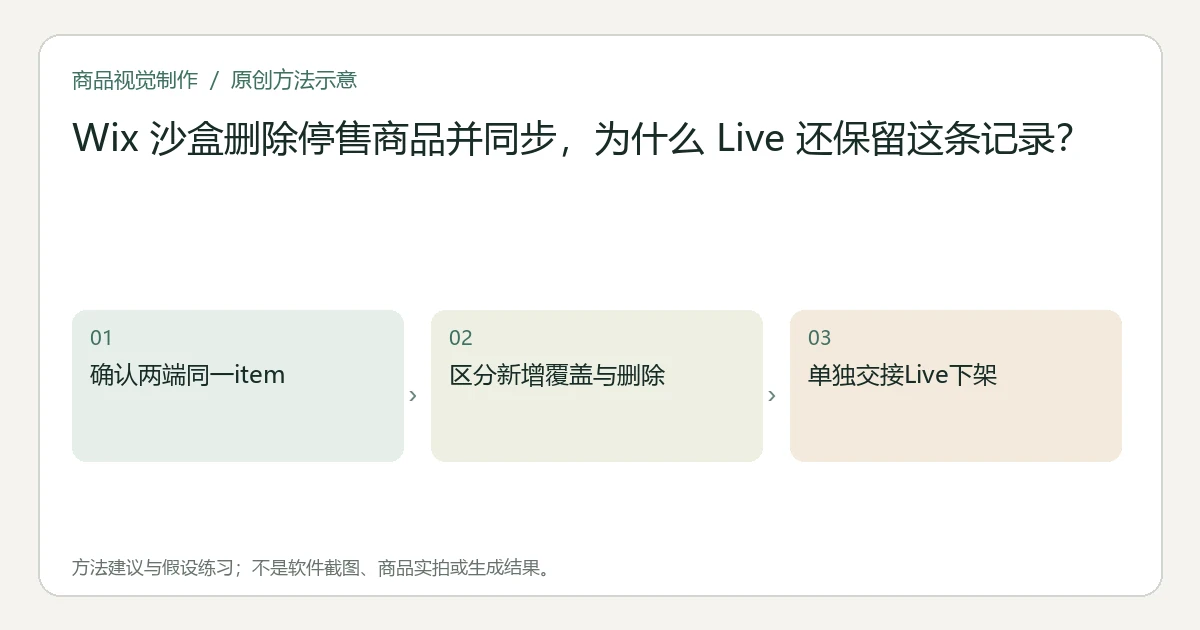 原创方法示意：确认两端同一item；区分新增覆盖与删除；单独交接Live下架。非工具界面、商品实拍或测试结果。