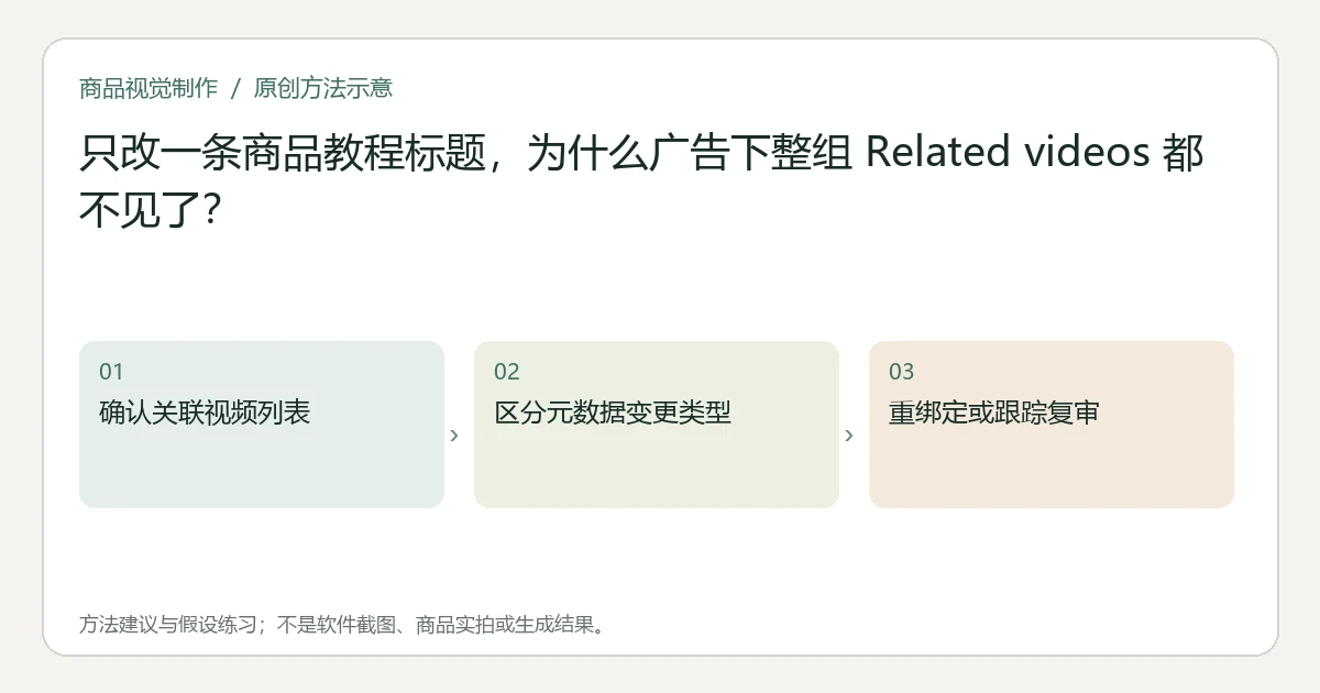 原创方法示意：确认关联视频列表；区分元数据变更类型；重绑定或跟踪复审。非工具界面、商品实拍或测试结果。